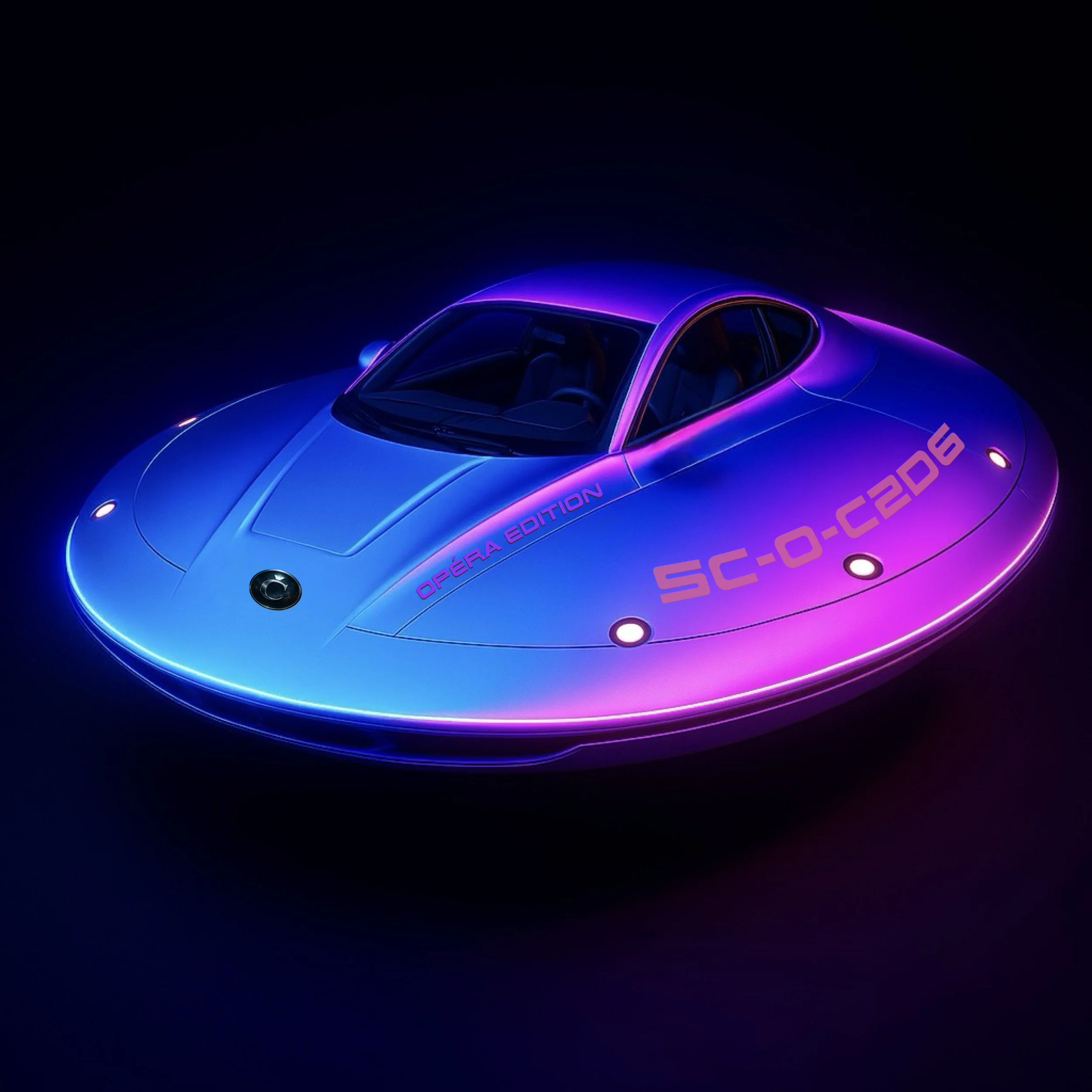 A futuristic hovercraft with a sleek, oval shape, illuminated by vibrant blue and purple neon lights, displaying the words 'OPÉRA EDITION' and 'SC-0-C206' on its surface, set against a dark background.