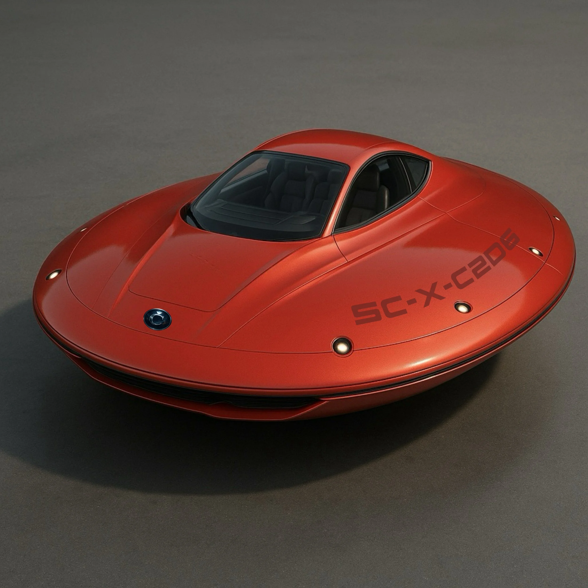A futuristic, red, flying car with a rounded, disc-like shape, small lights around its perimeter, labeled SC-XC4GE, with a sleek black windshield and interior visible through the window.