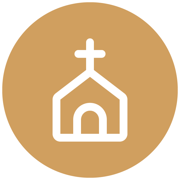 A white icon of a church
