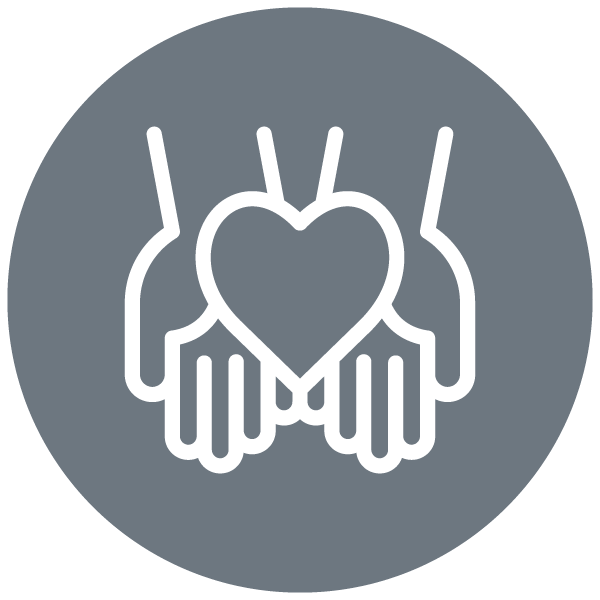 White icon of hands holding a heart representing generosity.