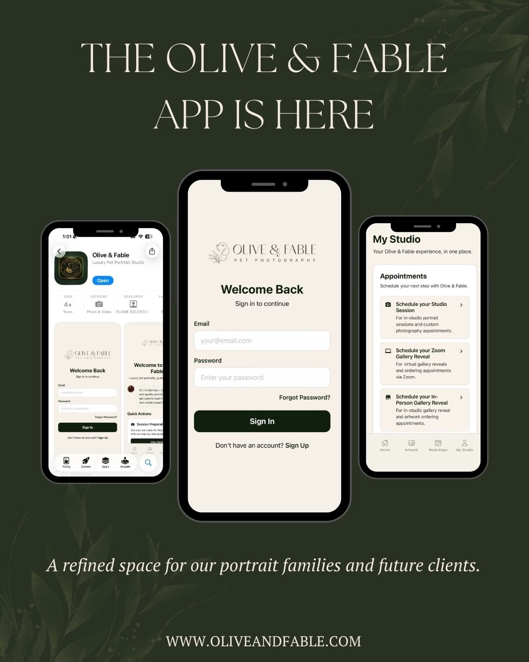 The Olive &amp; Fable App is here. 🤍

At Olive &amp; Fable, we are a ✨ full-service fine art portrait studio ✨ devoted to preserving your pet&rsquo;s story with intention from the very first conversation to the artwork that lives on your walls.

Now