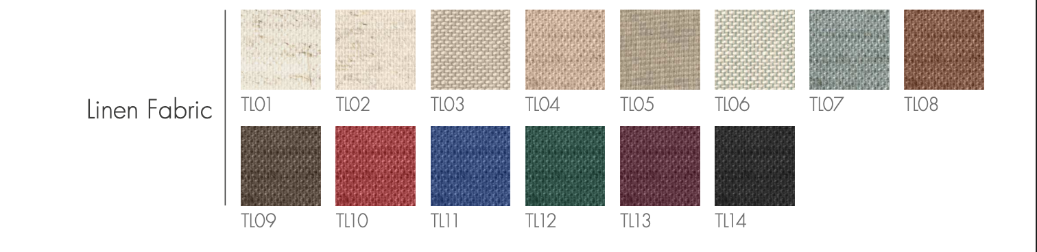 Color swatches of linen fabric in various shades, including beige, tan, pink, brown, green, blue, red, and black, each labeled with a code.