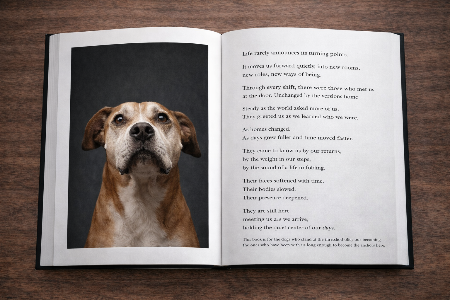 Open book on a wooden surface with a portrait of a dog on the left page and a poem about dogs on the right page.