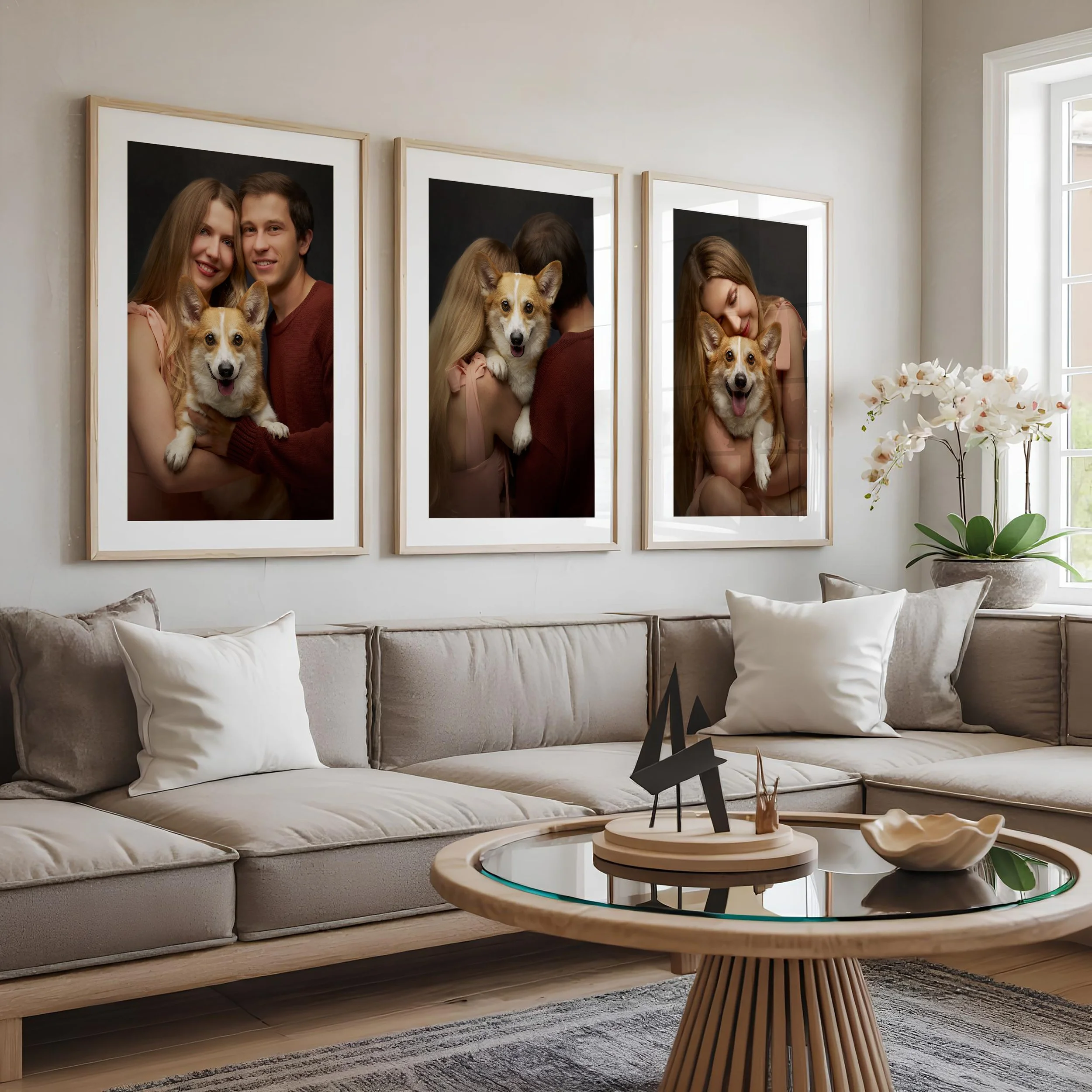 photography studio in Kirkland: Living room with three framed pet portraits on the wall, a sofa with white and beige cushions, and a round wooden coffee table with decorative items and a bowl, with a window and white orchid plant in the background.