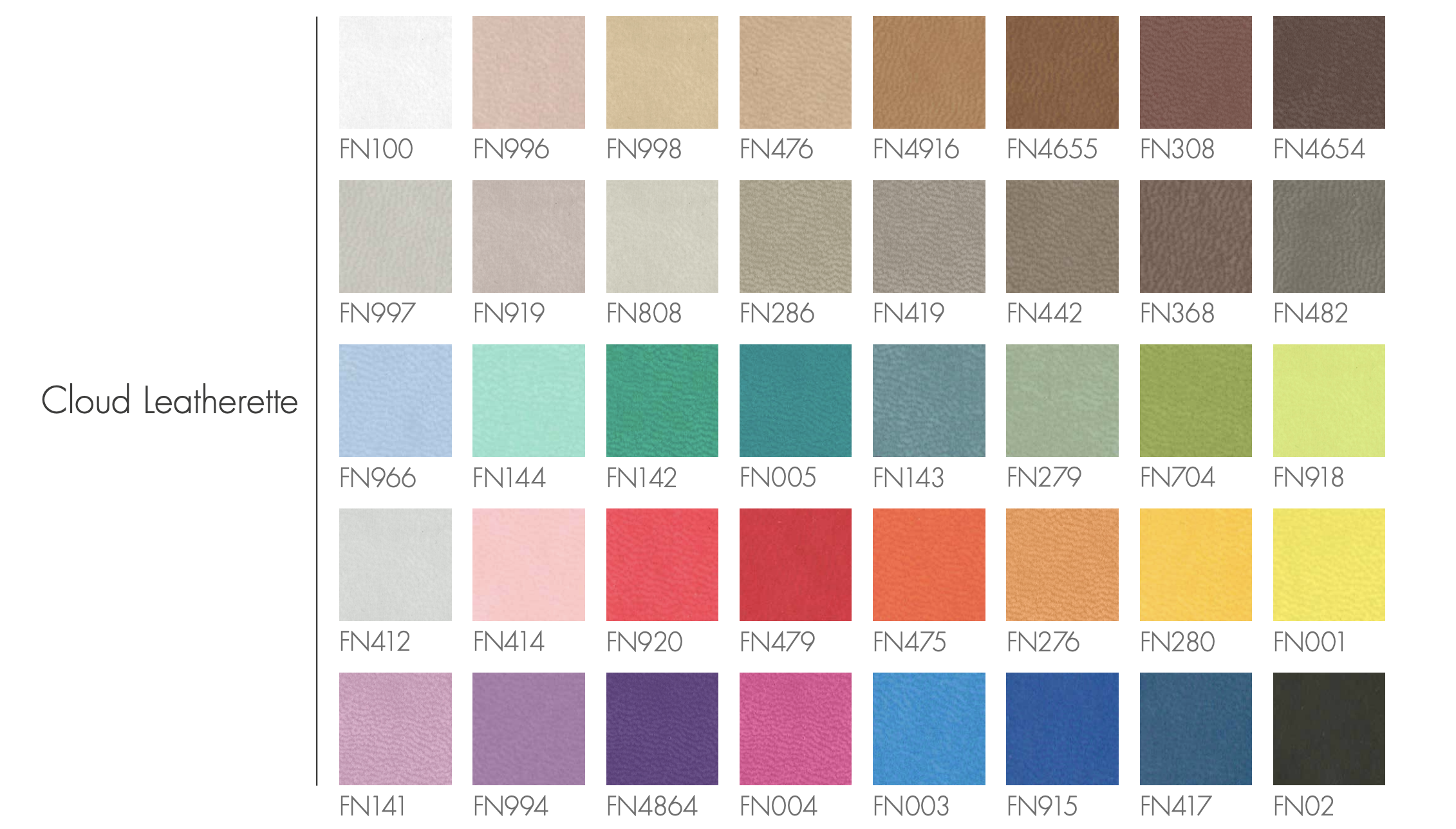 Color chart with various samples organized in rows and columns, titled 'Cloud Leatherette.' The rows include colors in shades of white, beige, green, red, pink, and blue, with each color sample labeled with a unique code.