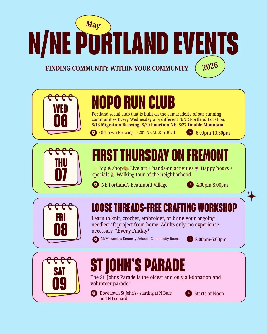 Spring events have sprung into action. 🌷 There are so many great events in North and Northeast Portland in May! Follow the accounts below for more details and upcoming events and community info in your N/NE Portland hood. 

@noporunclubpdx @bbapdx @