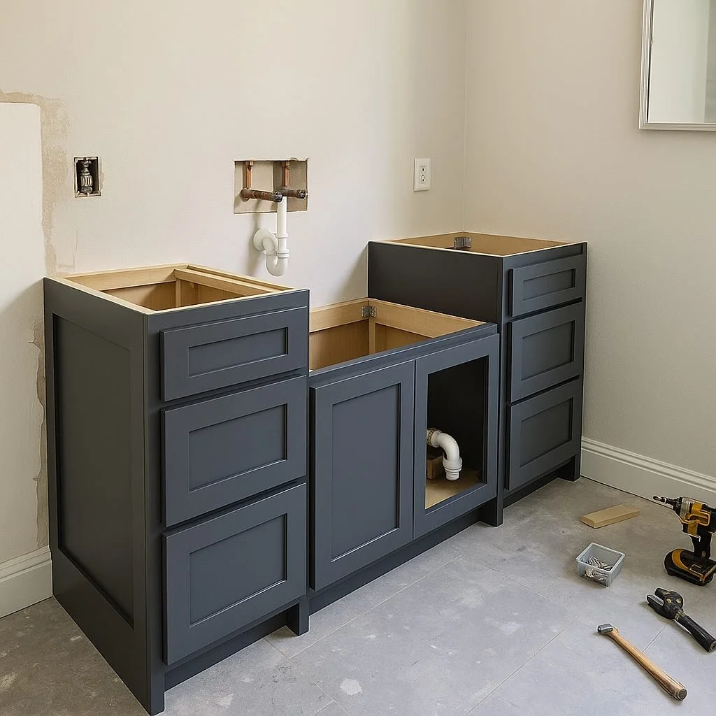 Transform your bathroom with custom vanity cabinets — designed, delivered, and professionally installed by us. 🚿✨