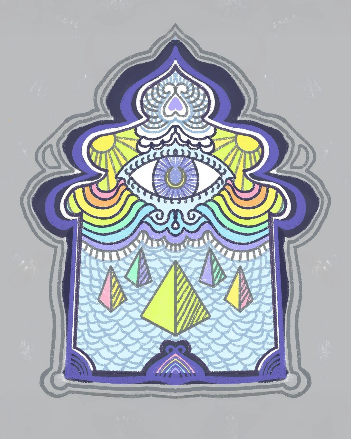 A vision from the deep beyond.
The Ancient Seer is a portal of perception, presence, and memory. An all-seeing guide rising through waves of color and symbol. Surrounded by pyramids, sunrays, and sacred patterns, the central eye watches not with judg