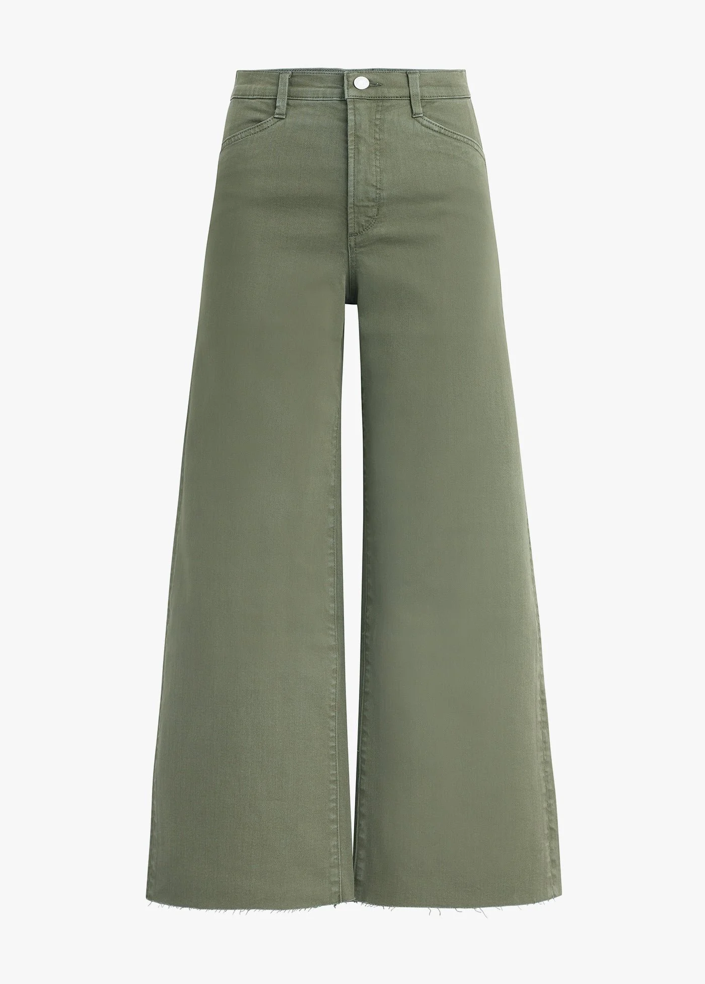 Olive green wide-leg pants with a high waist and frayed hem.
