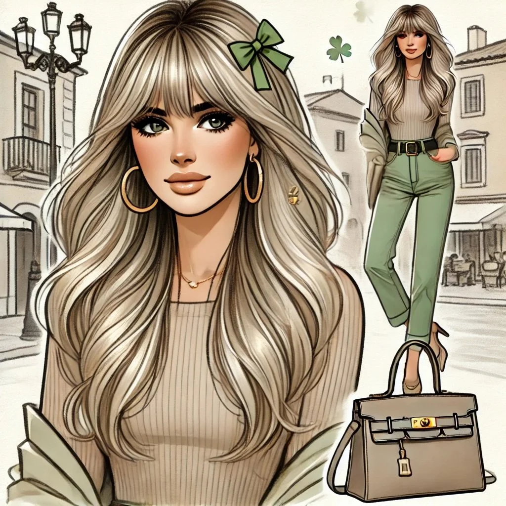 Illustration of a fashionably dressed woman with long hair and green bow, wearing earth-tone outfit, surrounded by a cityscape backdrop and a handbag.