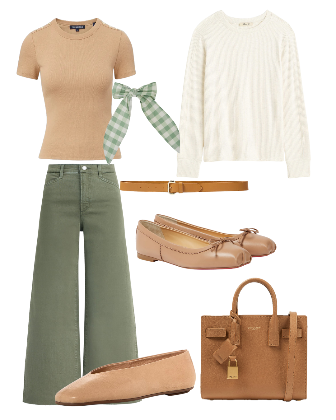 Fashion collage featuring a beige short-sleeve top, a cream long-sleeve shirt, green wide-leg pants, a brown leather belt, a tan handbag, tan ballet flats, and a green gingham ribbon.