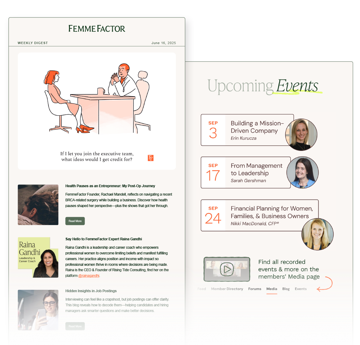 An example digital newsletter titles FemmeFactor, featuring a weekly digest and upcoming events.