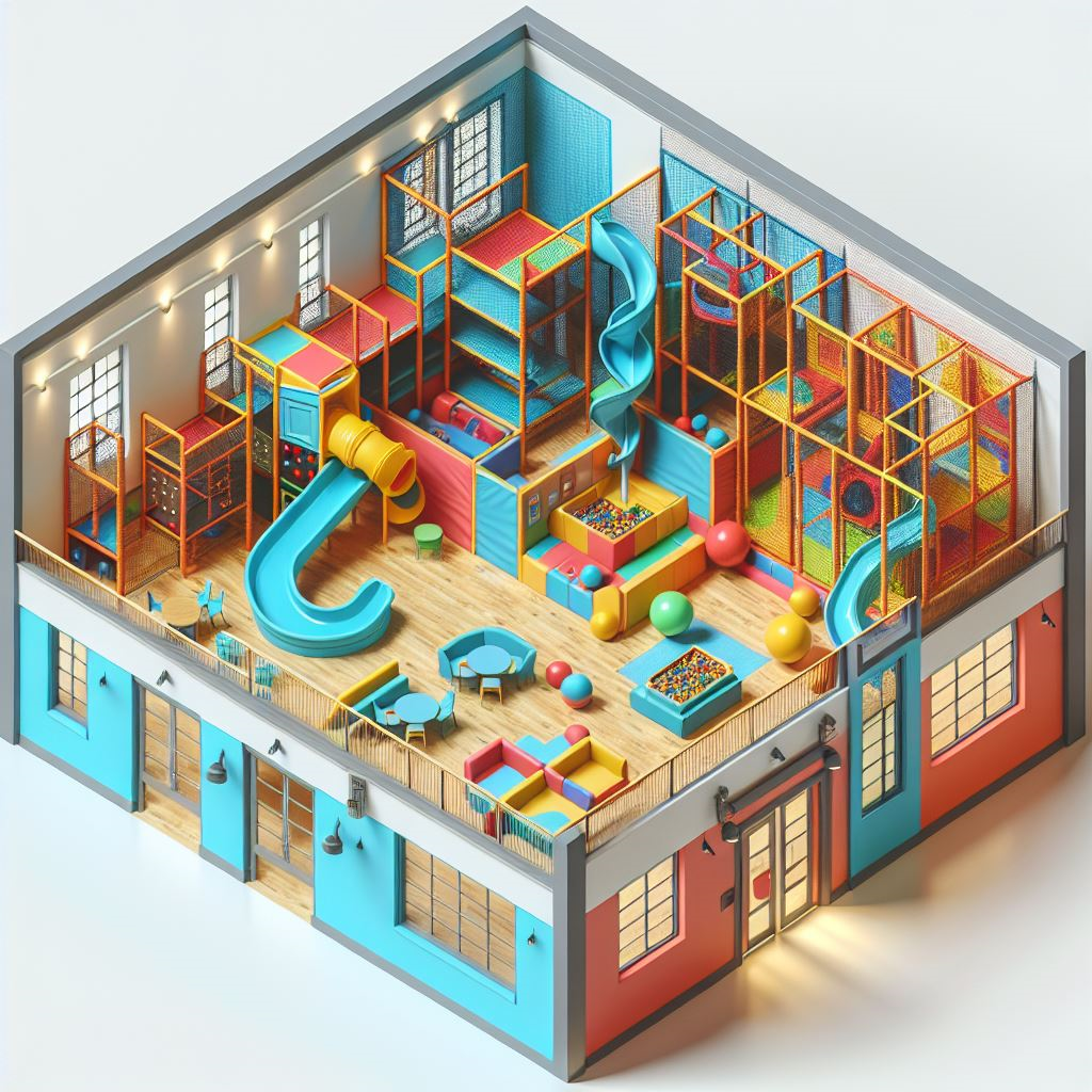 Isometric view of an indoor children's play area with slides, climbing structures, ball pits, and colorful play equipment.