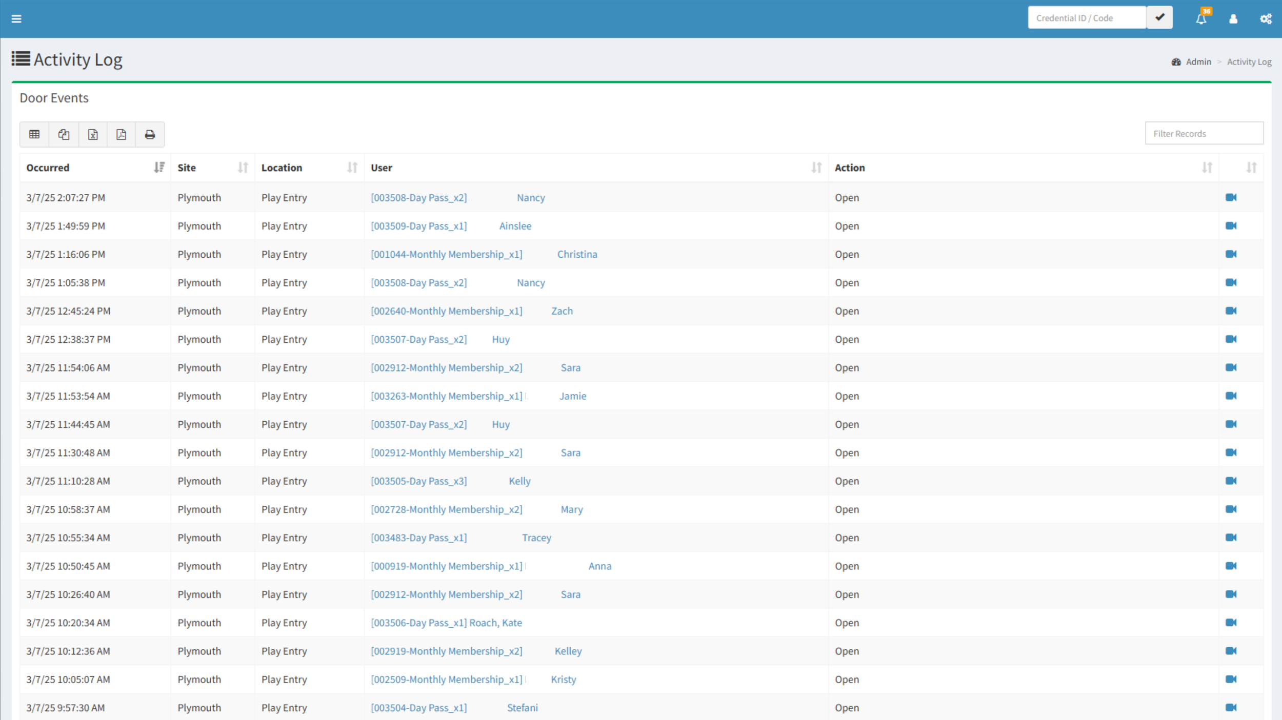 A digital activity log showing door events with columns for date and time, site, location, user, and action. It lists multiple entries of users with corresponding memberships and actions marked as 'Open.' A filter option and icons for exporting data are also visible.