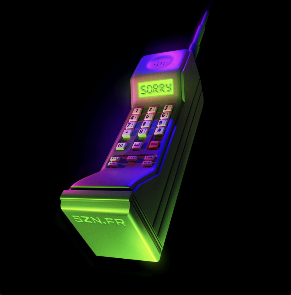 A neon-lit device resembling a cordless phone with a digital display reading 'SORRY' and the word 'SORRY' on the screen, with a black background.
