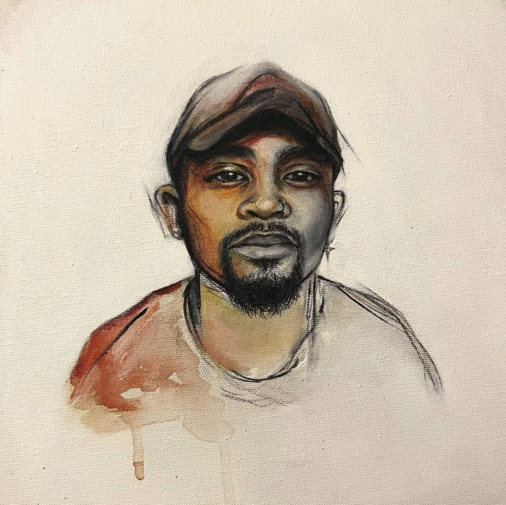 Hand-drawn portrait of a man with a beard, mustache, and earrings, wearing a cap, depicted in a semi-realistic style with watercolor accents.