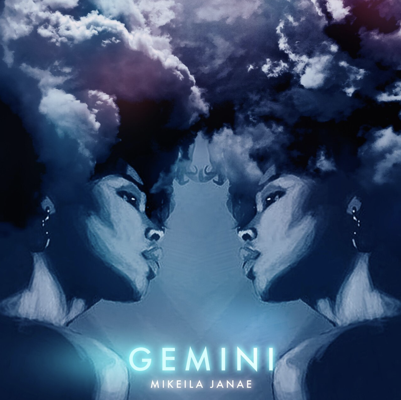 Artwork of two mirrored women with dark curly hair and earrings, with a cloudy sky above and the title 'GEMINI' by Mikeila Janae at the bottom.