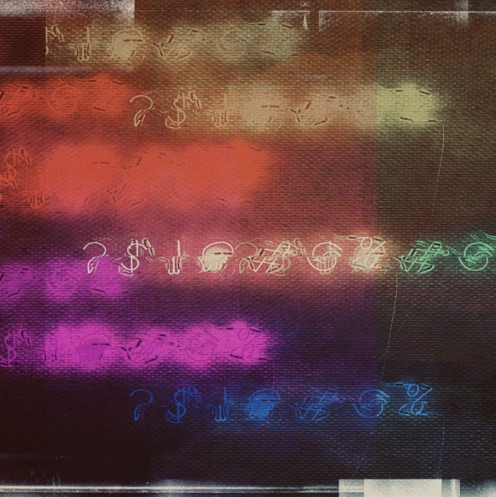 Abstract digital artwork featuring colorful horizontal bands with dollar sign, percentage, and currency symbols, overlaid with a textured pattern and glitch effects.