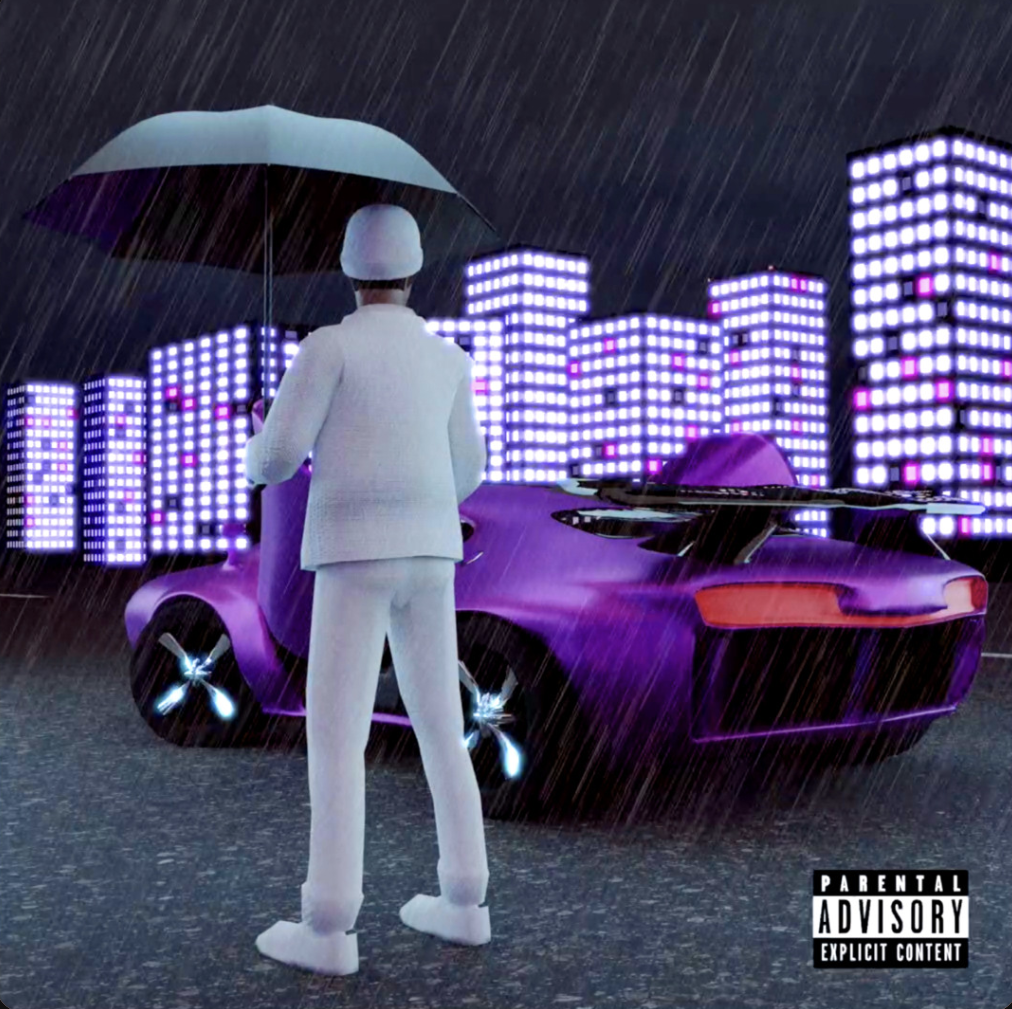 A person dressed in white standing in the rain holding an umbrella, facing a purple sports car with neon lights in an urban cityscape at night, stylized and digital art.