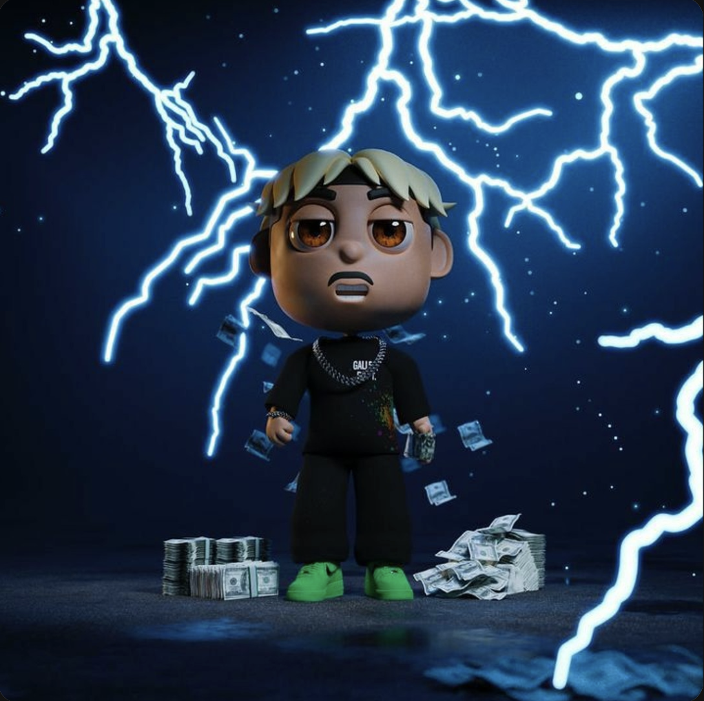 Animated figurine of a young person with blonde hair, dressed in black, wearing bright green shoes, surrounded by stacks of money and lightning in the background.