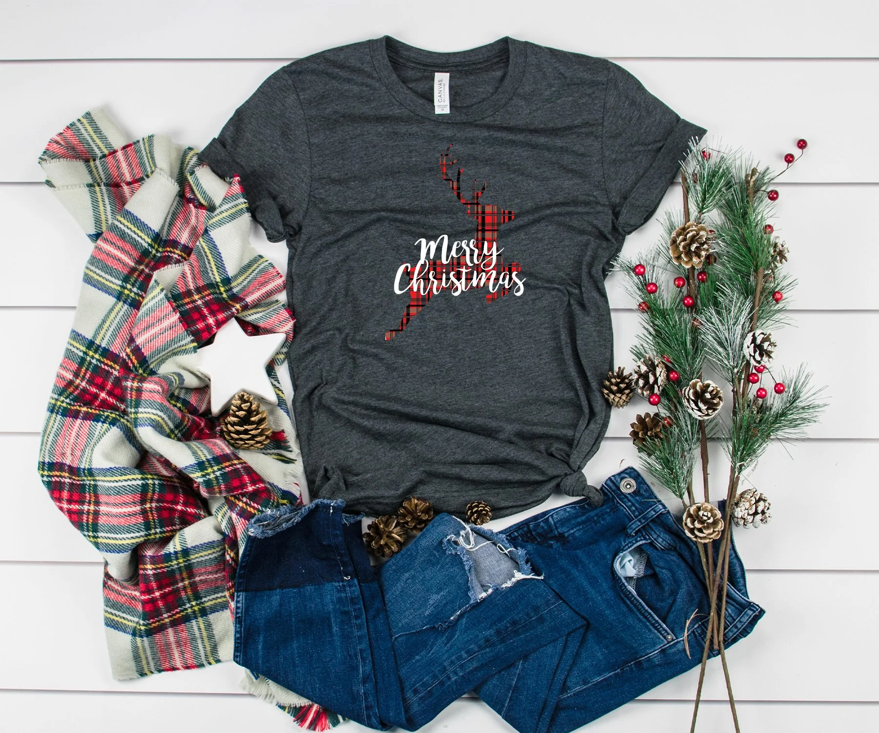 Merry Christmas with Buffalo Plaid Reindeer Short Sleeve Shirt