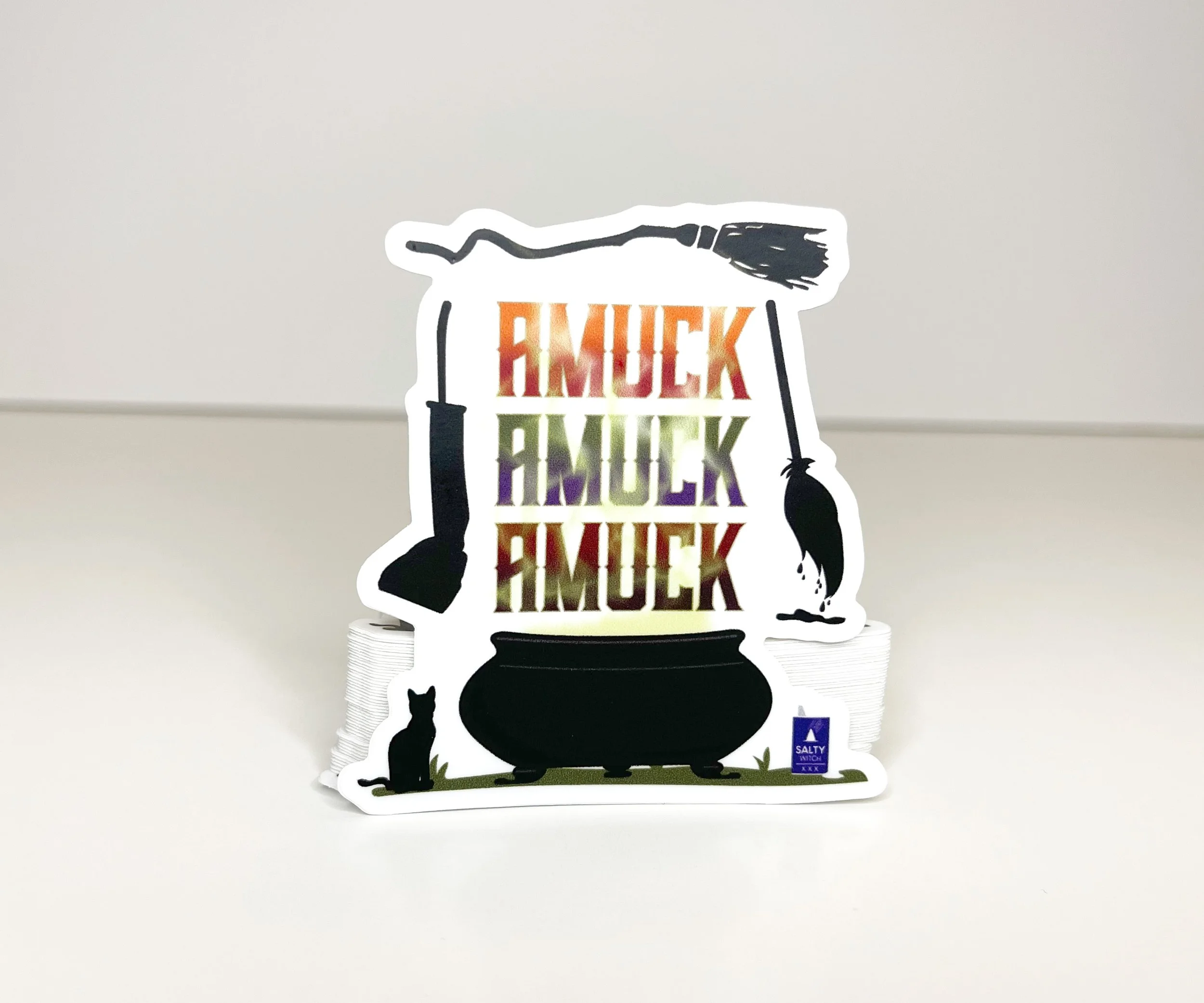 Amuck Amuck Amuck with Cauldron, Brooms, and Cat Die Cut Sticker