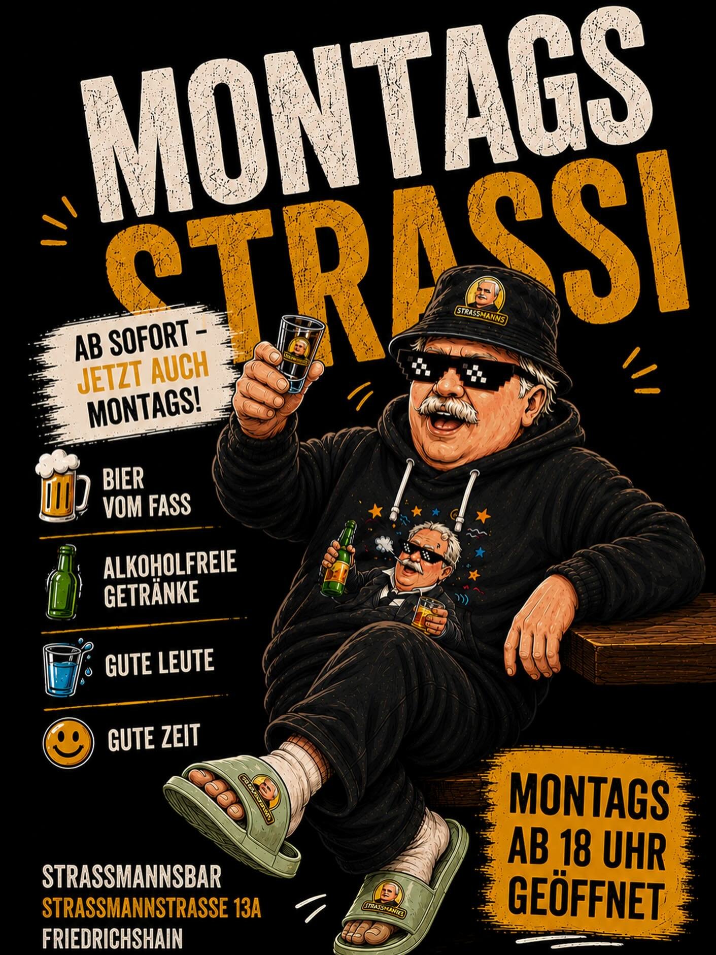 MONTAGS STRASSI

Ab sofort hat die Strassmanns Bar auch montags ge&ouml;ffnet.

Das bedeutet: Noch mehr Zeit f&uuml;r kalte Getr&auml;nke, gute Gespr&auml;che und entspannte Abende im Kiez.

Kommt auf ein Guinness, Kilkenny, Berliner oder Helles vom 