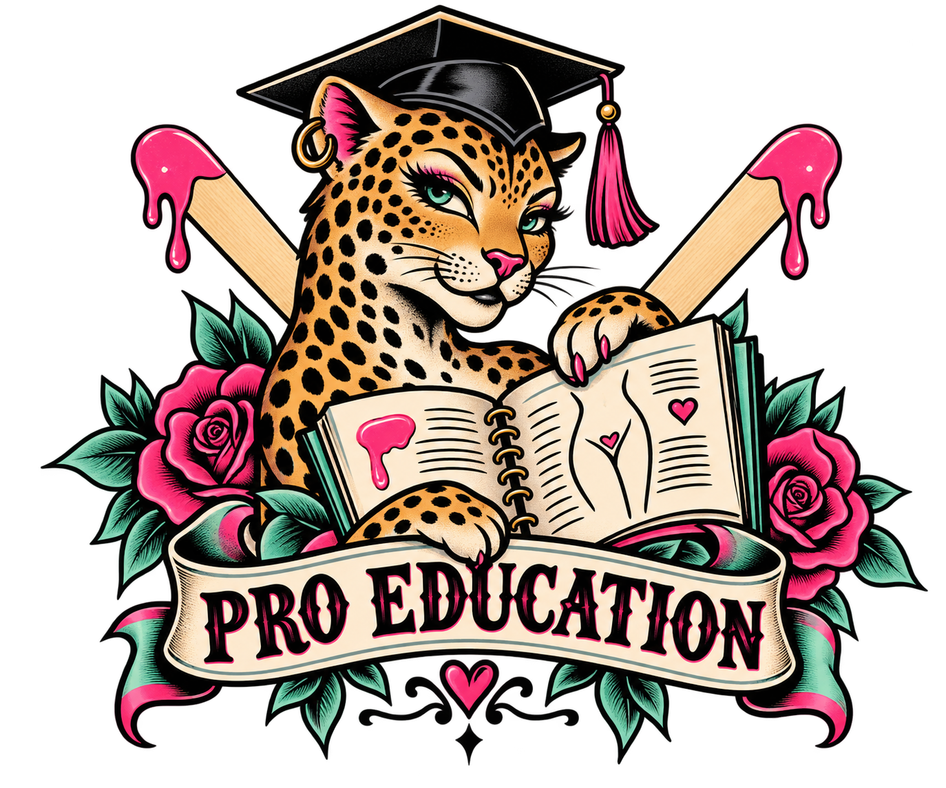 Vintage tattoo-style leopard wearing a graduation cap and holding an open waxing training manual, with crossed waxing sticks, pink roses, and a Pro Education banner.