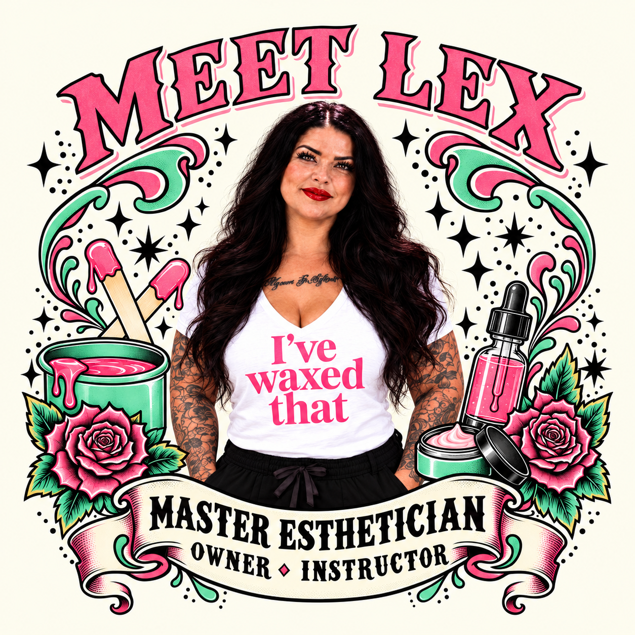 Lex (Alexis Odencrantz), master esthetician, owner and licensed esthetics instructor at The Cat House Waxing & Esthetics Studio in Salt Lake City, Utah, featured in a pink and mint vintage tattoo-style graphic with waxing and skincare tools.