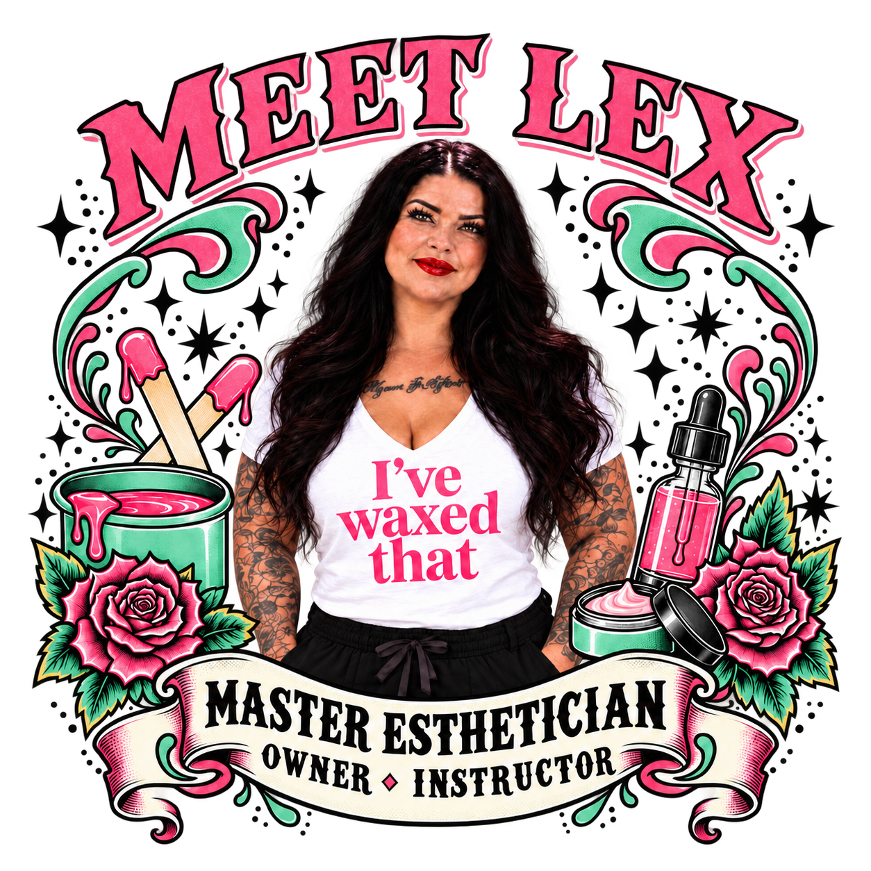 Alexis “Lex” Odencrantz, master esthetician, licensed instructor and owner of The Cat House Waxing & Esthetics Studio in Salt Lake City, Utah, pictured with pink and mint vintage tattoo-style waxing artwork.
