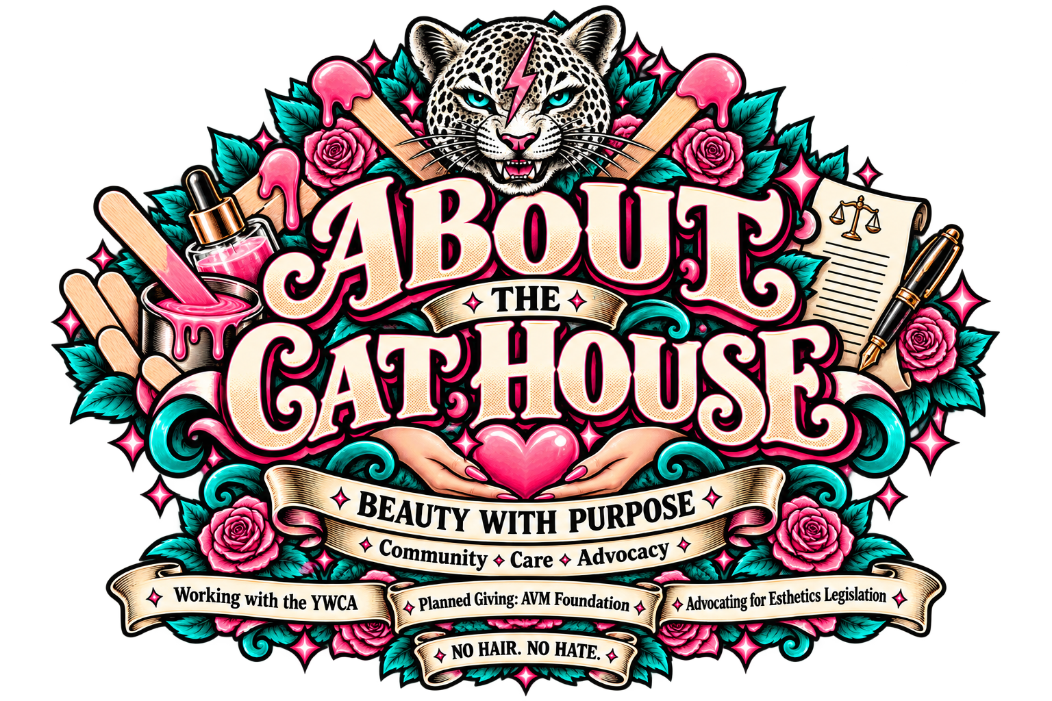 The Cat House About graphic highlighting YWCA community work, planned AVM Foundation giving, and esthetics legislation advocacy.