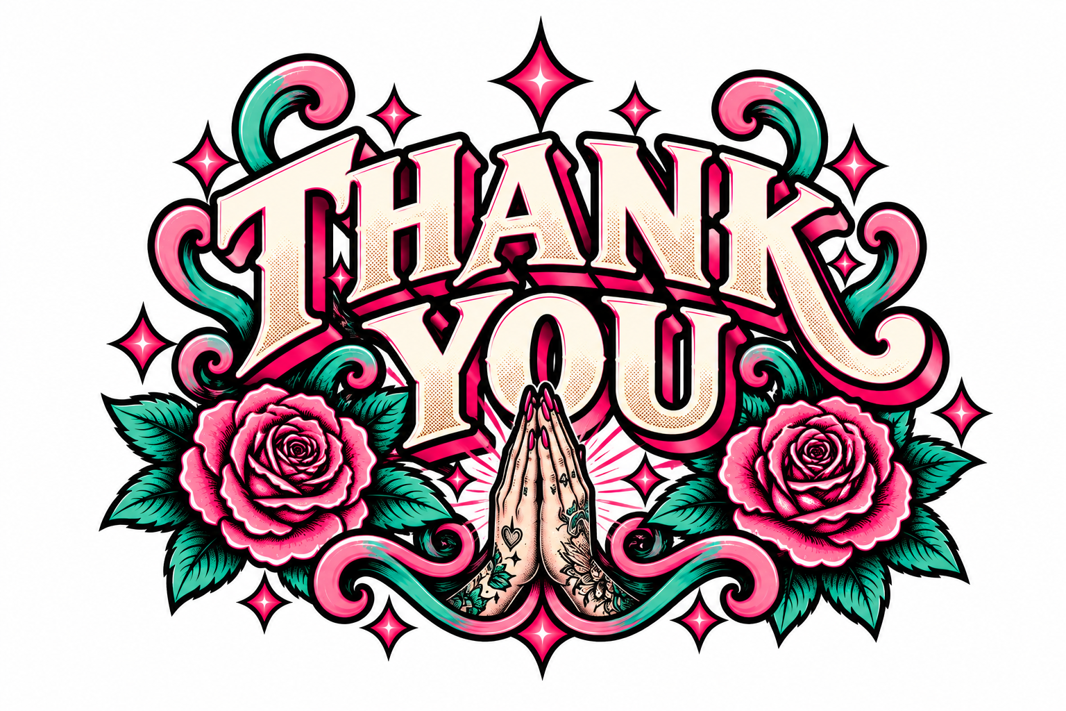 Colorful tattoo-style illustration with the words 'Thank You' surrounded by pink roses, green leaves, and decorative swirls, featuring a pair of hands in praying position at the center.