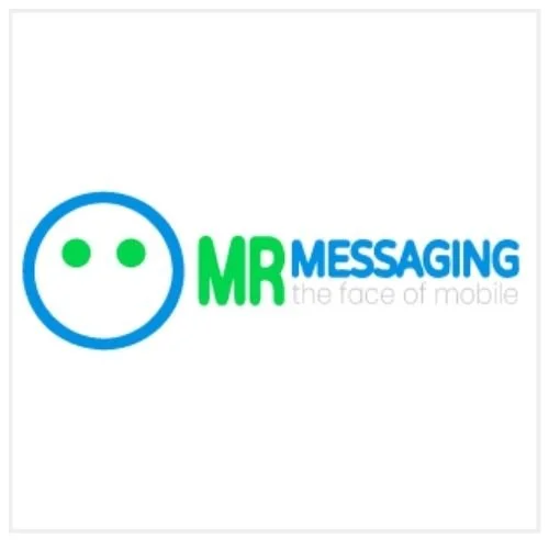 Logo with a blue and green smiley face and the text "MR MESSAGING" in blue and green, with a tagline "the face of mobile" in gray.