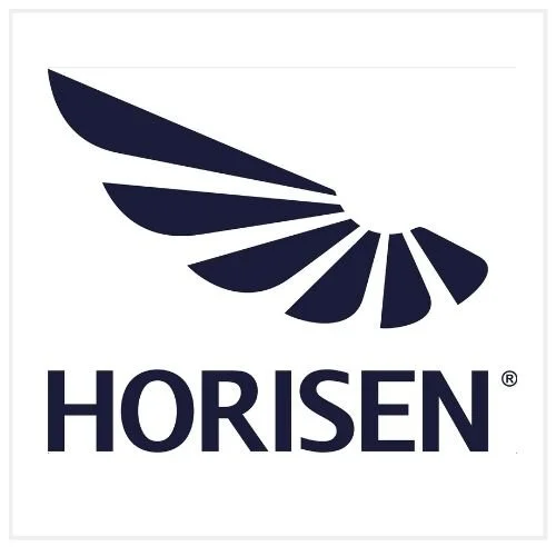 Logo featuring a stylized wing made of black feather-like shapes with the word 'HORISEN' below.