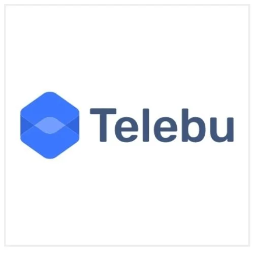 Telebu logo with a blue hexagon and the word 'Telebu' in blue text.