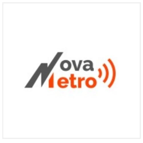 Logo of Nova Metro with stylized text and orange signal waves.