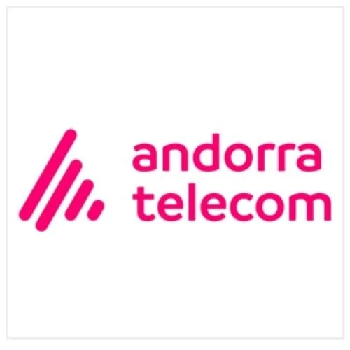 Andorra Telecom logo with pink lines and text on a white background.