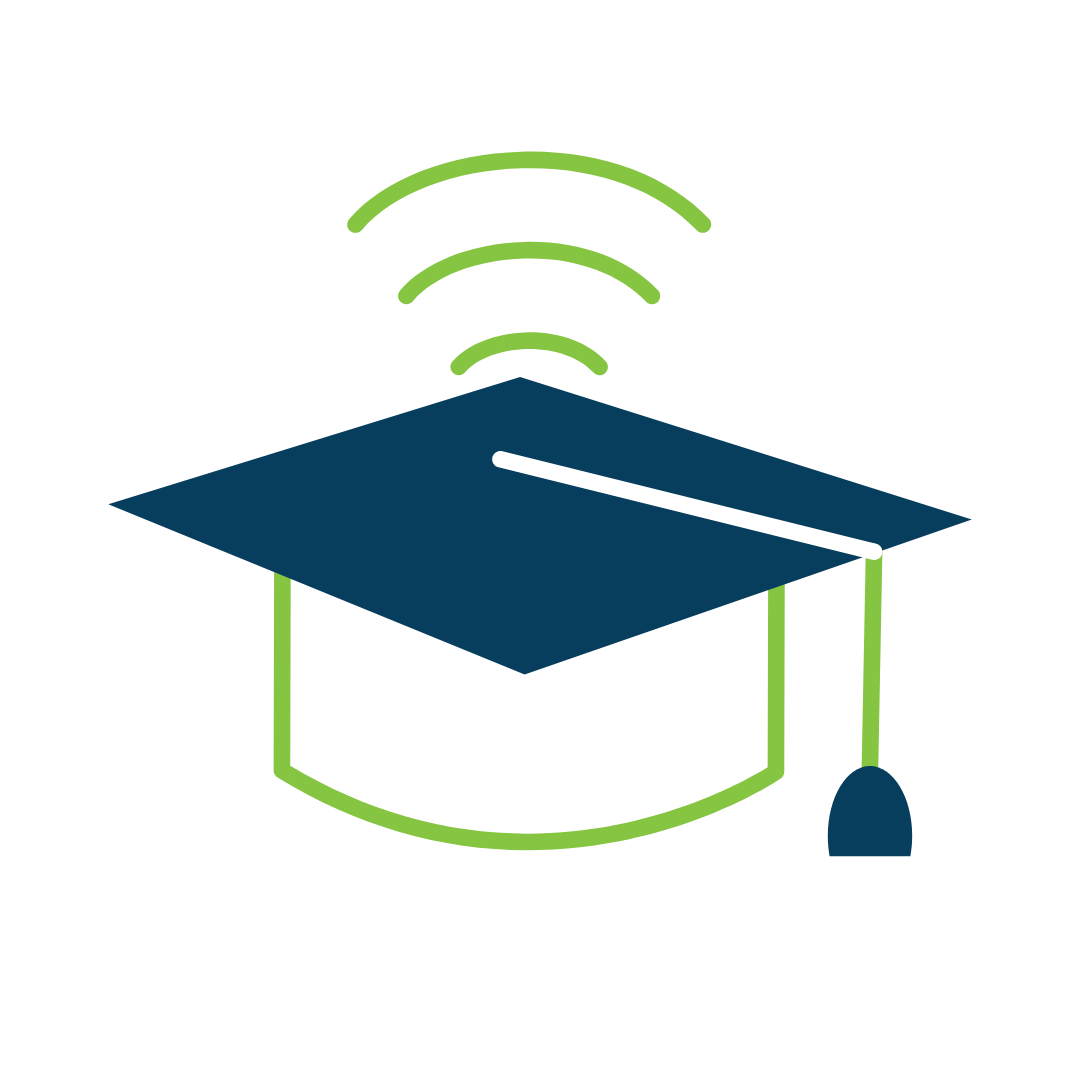 Graphic of a graduation cap with a Wi-Fi signal above it, symbolizing online education or remote learning.