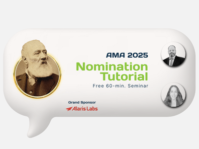 A promotional banner for the AMA 2025 Nomination Tutorial, featuring images of two men, with text about a free 60-minute seminar, sponsored by Alaris Labs.