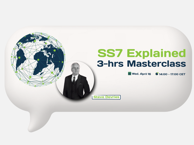 Promotional graphic for a 'SS7 Explained' 3-hour masterclass on April 19, 2023, from 2 PM to 5 PM CET, featuring a globe, a man in a suit, and the text highlighting the event details.