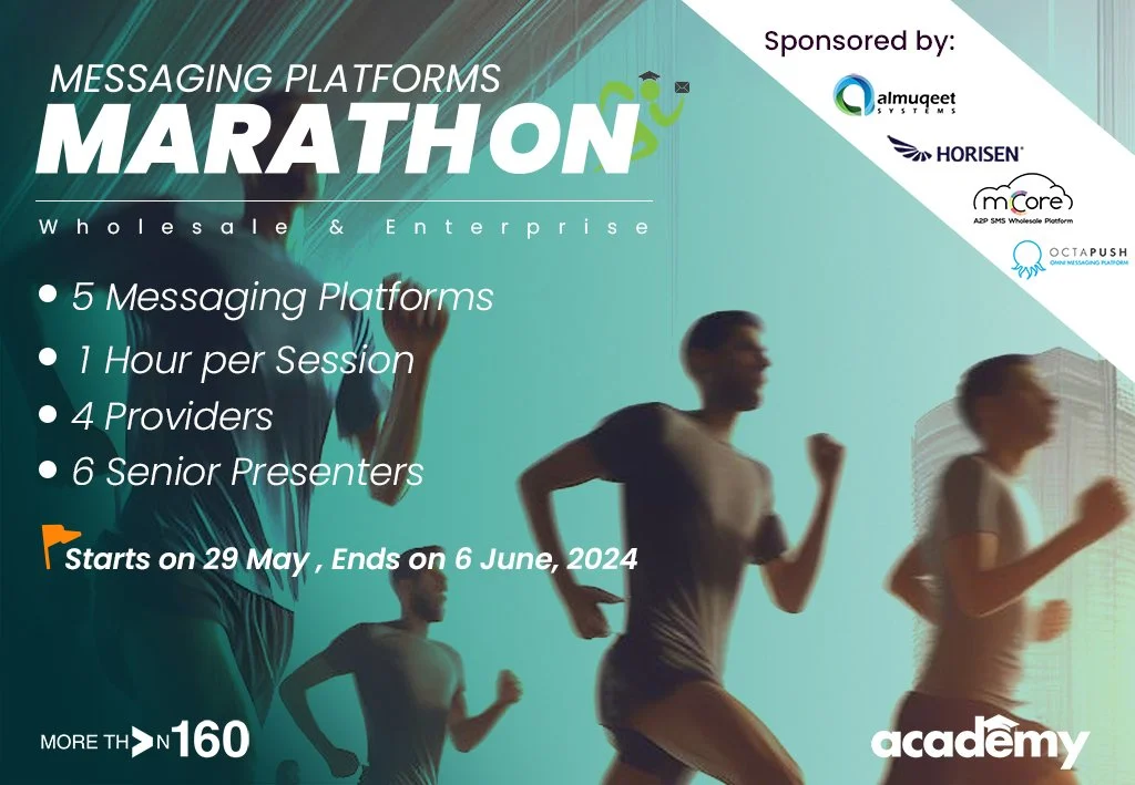 Poster for Messaging Platforms Marathon event, sponsored by Almuguet Systems, Horisen, mCore, and OctaPush, featuring running people against a cityscape background, starting May 29 and ending June 6, 2024.