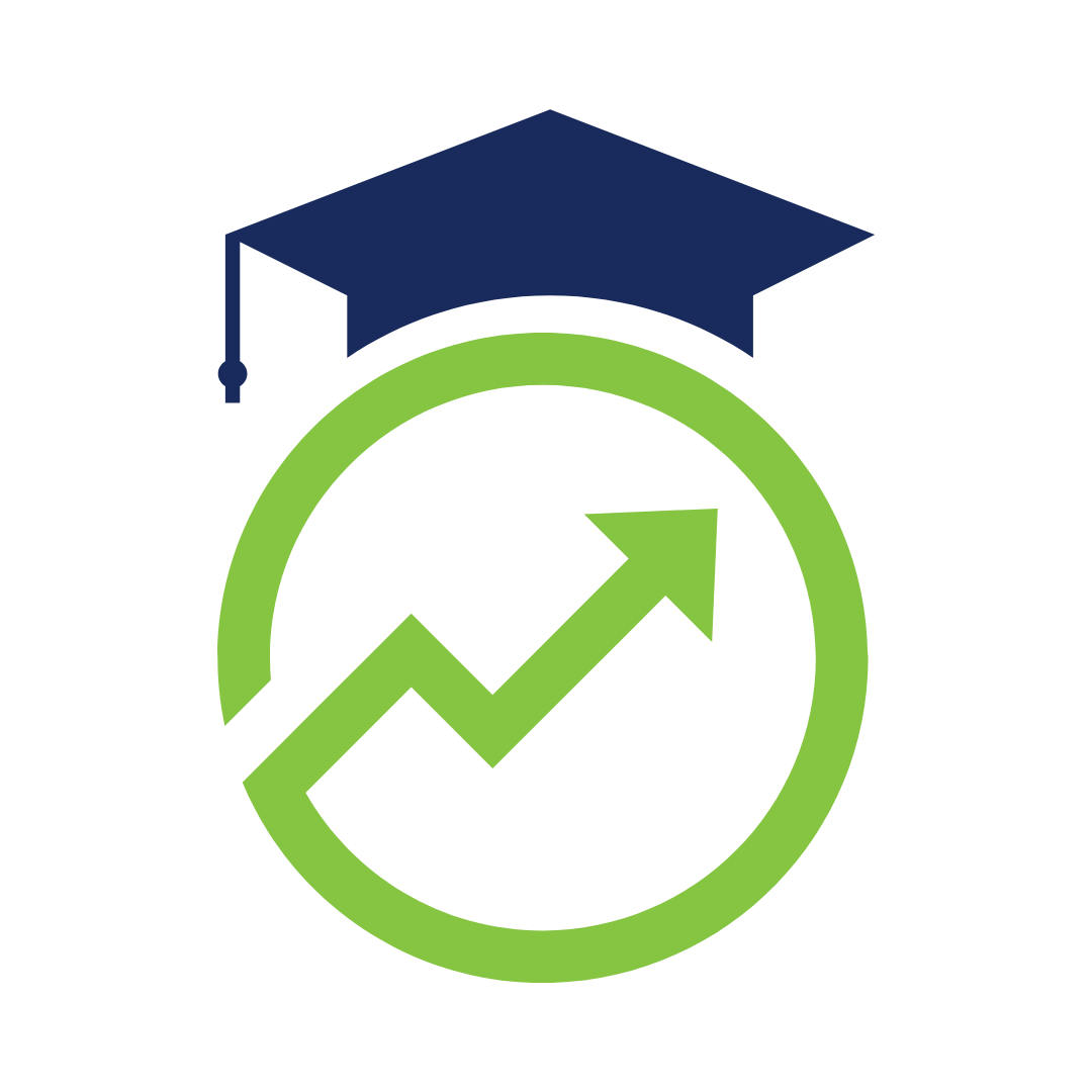 Icon of a green rising arrow within a green circle, wearing a blue graduation cap.