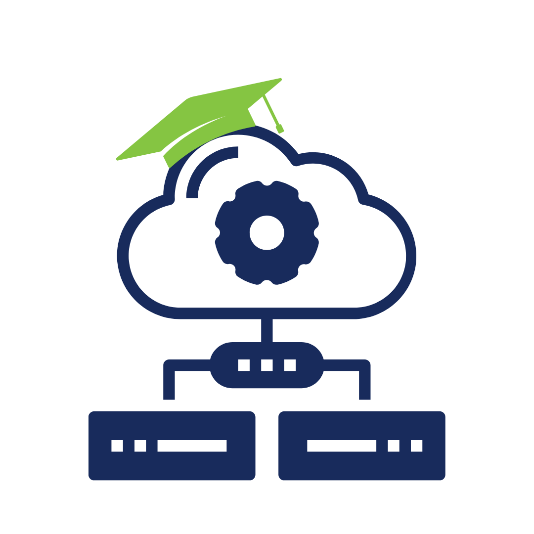 Cloud computing icon with a gear inside the cloud, a green graduation cap on top, and connected database symbols below.