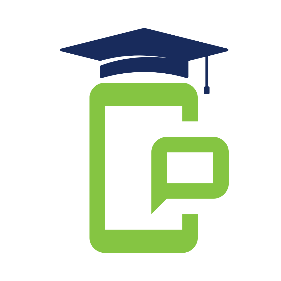 A green smartphone icon with a speech bubble inside, topped with a navy blue graduation cap.