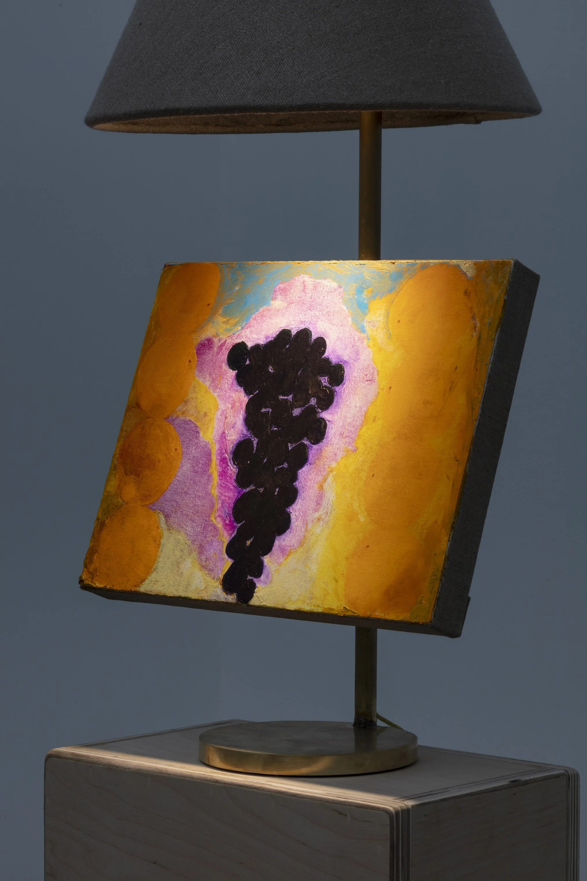 detail, Dustin Metz, Enter the Grapes, 2025, oil on canvas on custom brass lamp, 32 x 15 x 15 in. Image courtesy Josh Schaedel.
