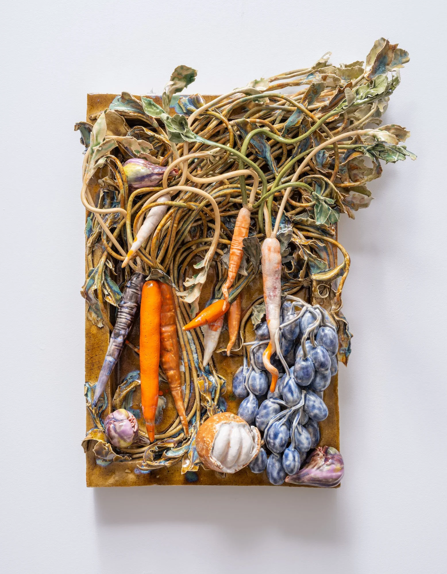 Ryan Flores, Fruit Amongst Carrots, 2023, glazed porcelain, 24 x 20 x 12 in.
