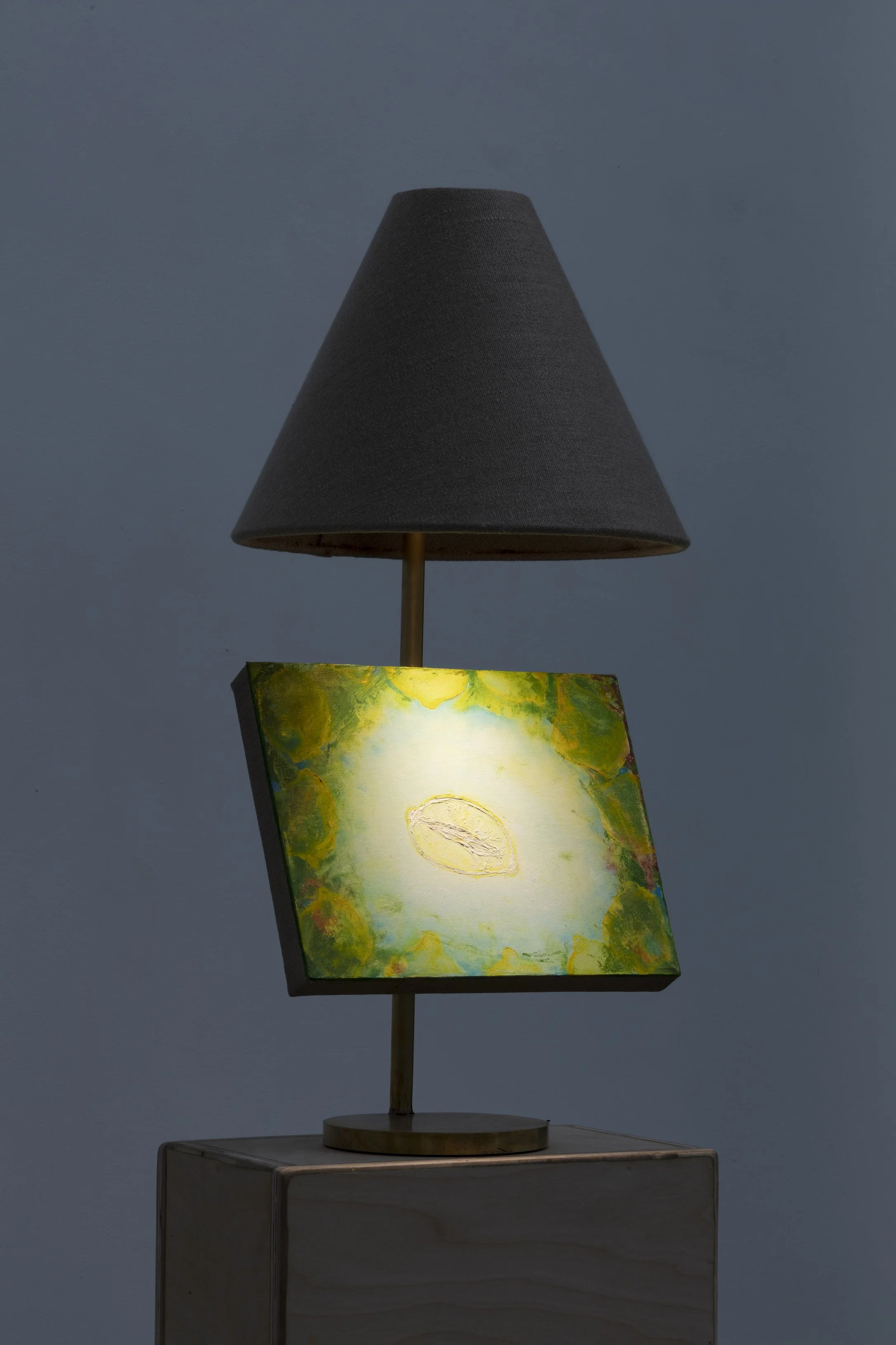 Dustin Metz, Lemon Sky Funeral, 2025, oil on canvas on custom brass lamp, 32 x 15 x 15 in.