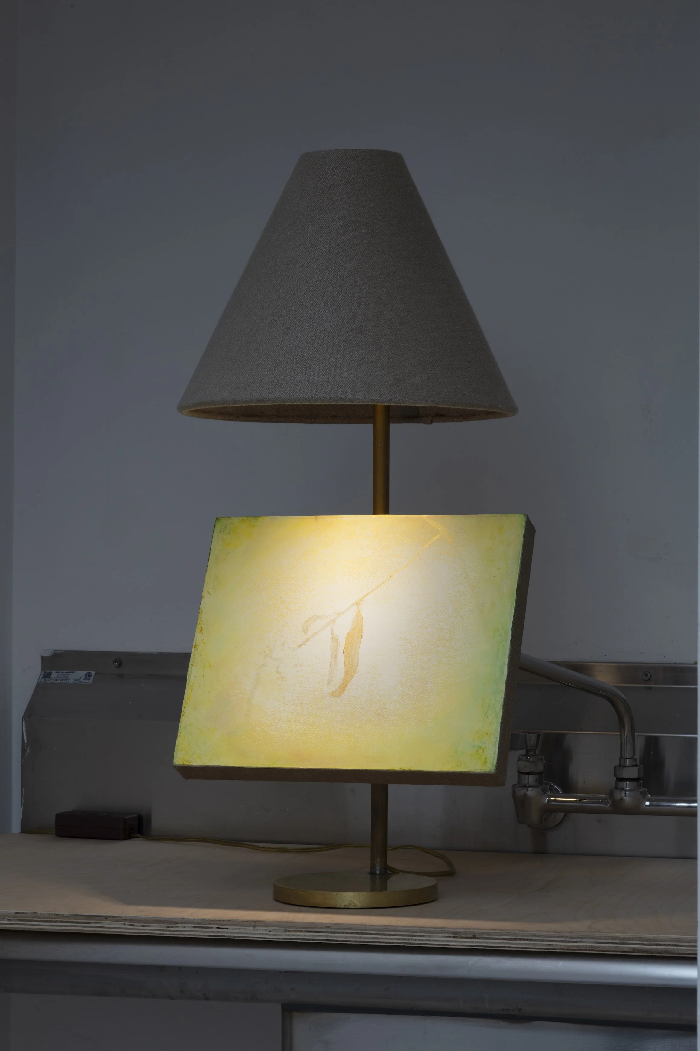 Dustin Metz, Gold Leaf, 2025, oil on canvas on custom brass lamp, 32 x 15 x 15 in.