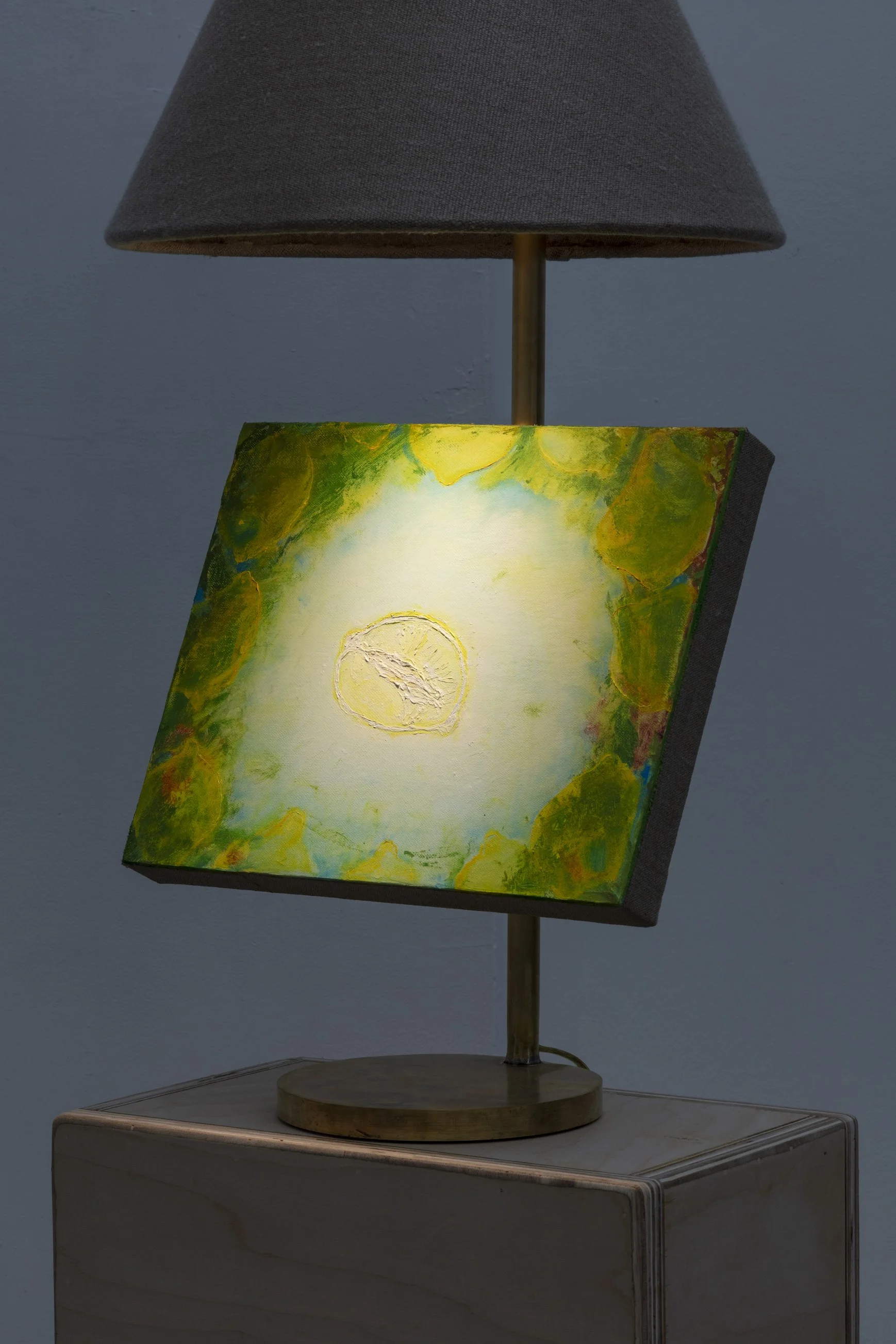 Dustin Metz, Lemon Sky Funeral, 2025, oil on canvas on custom brass lamp, 32 x 15 x 15 in. Image courtesy Josh Schaedel.