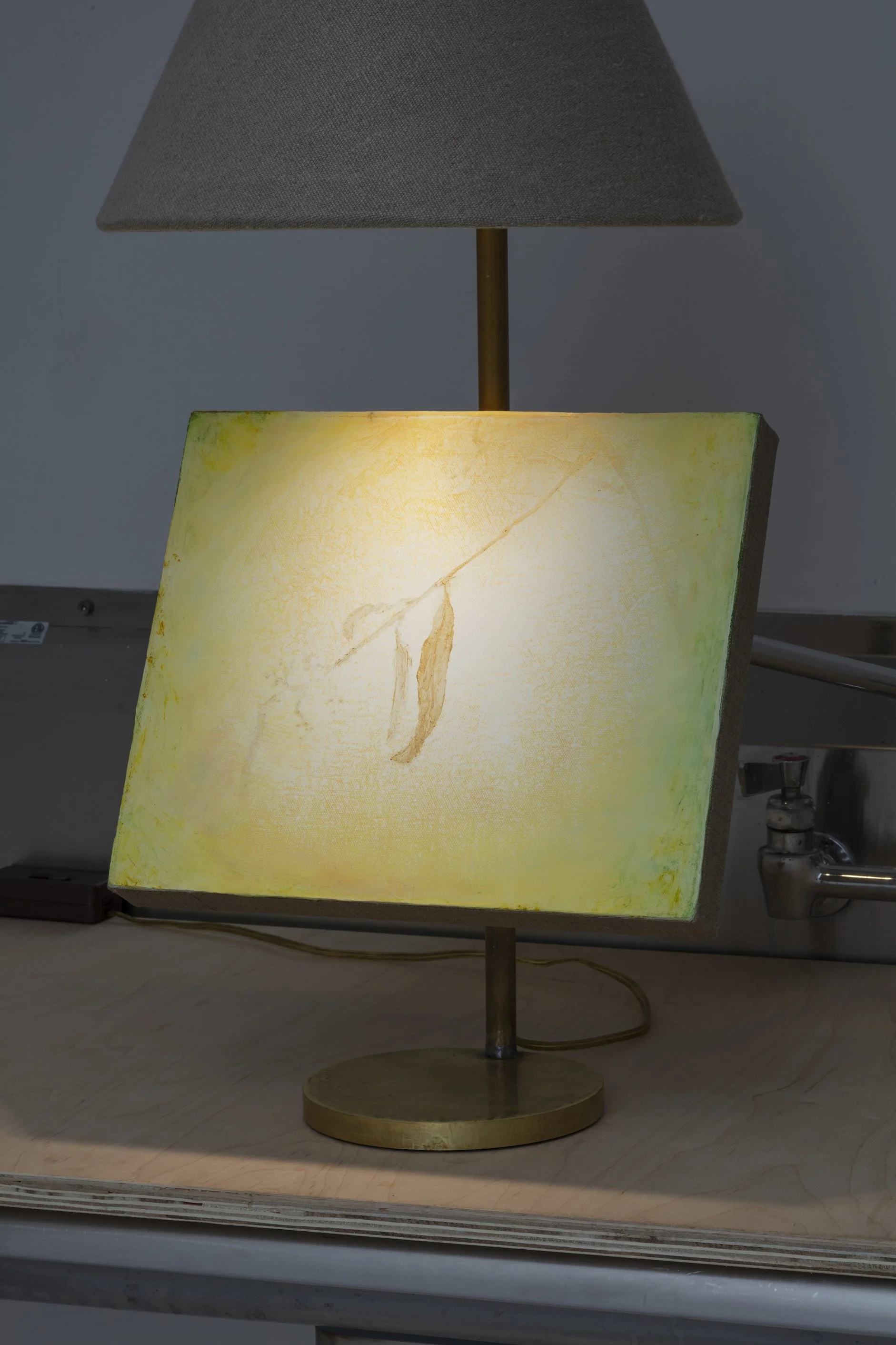 detail, Dustin Metz, Gold Leaf, 2025, oil on canvas on custom brass lamp, 32 x 15 x 15 in. Image courtesy Josh Schaedel.